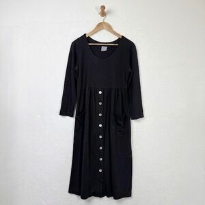 Rabbit Rabbit Designs Black Button Front Midi Dress Small Modest Pockets Stretch